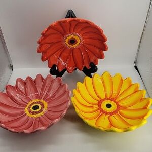 Clay Art Glazed Pottery Decorative Sunflower Serving Bowl 7" Stoneware Lot of 3